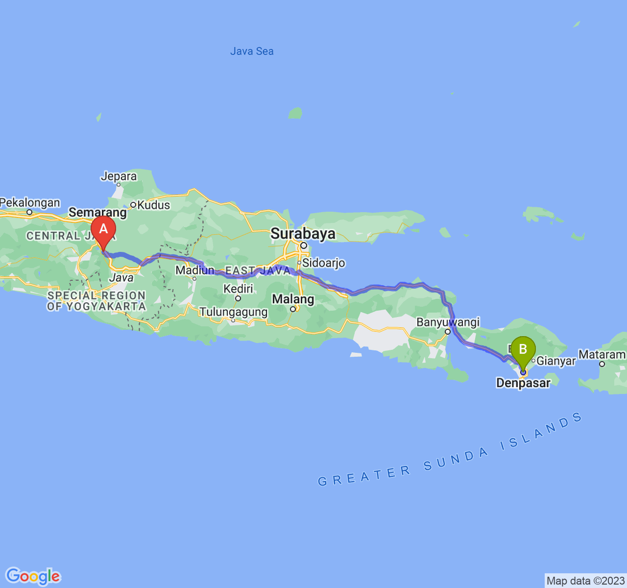 perjalanan dengan rute Kota Salatiga-Kota Denpasar