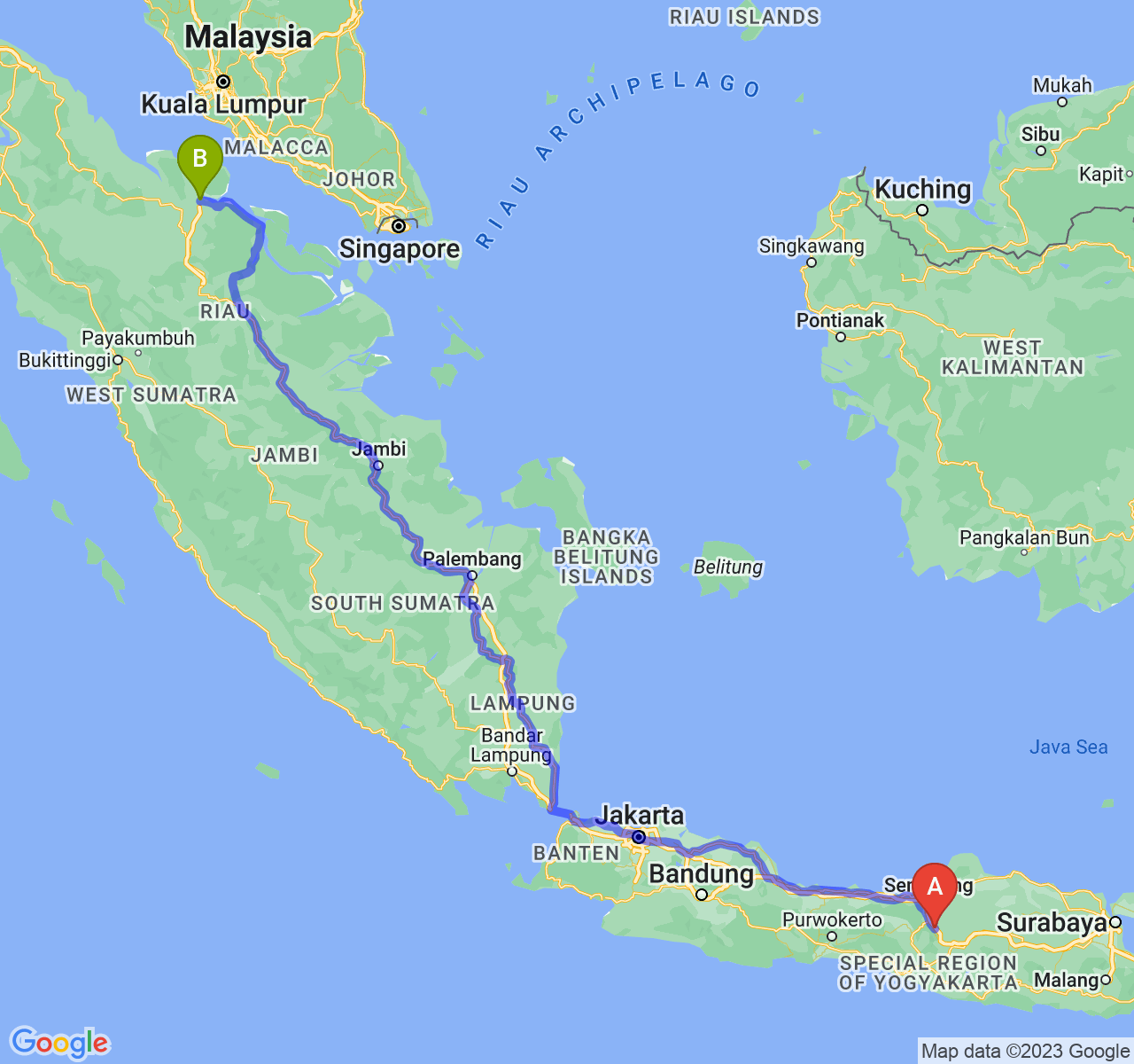 perjalanan dengan rute Kota Salatiga-Kota Dumai