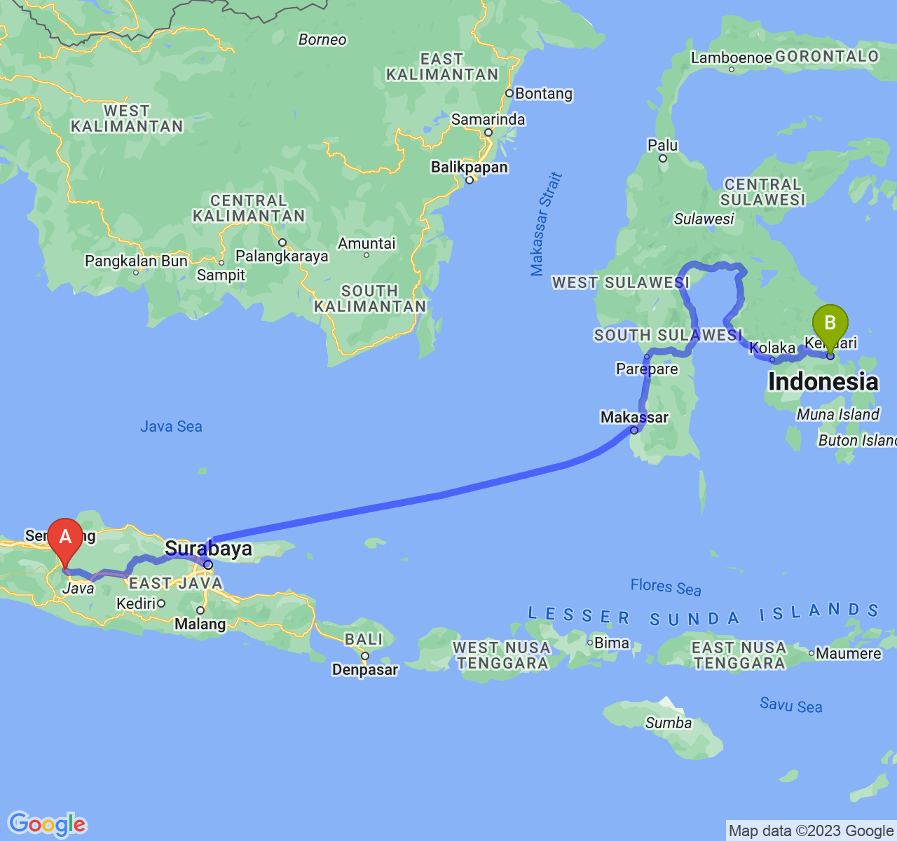 perjalanan dengan rute Kota Salatiga-Kota Kendari