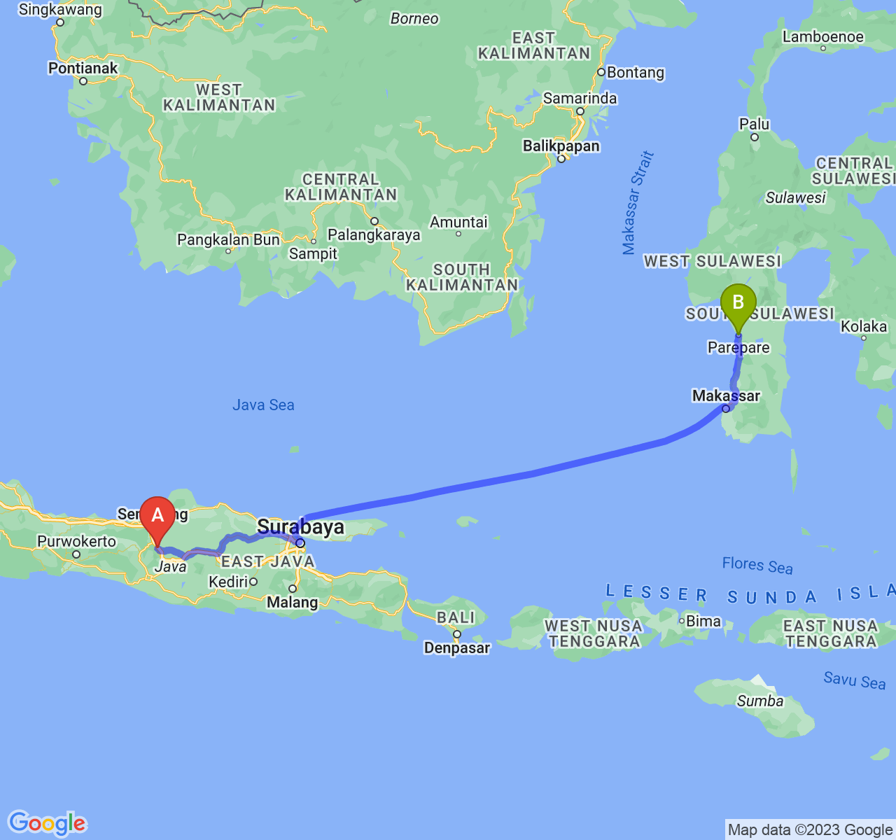 perjalanan dengan rute Kota Salatiga-Kota Parepare