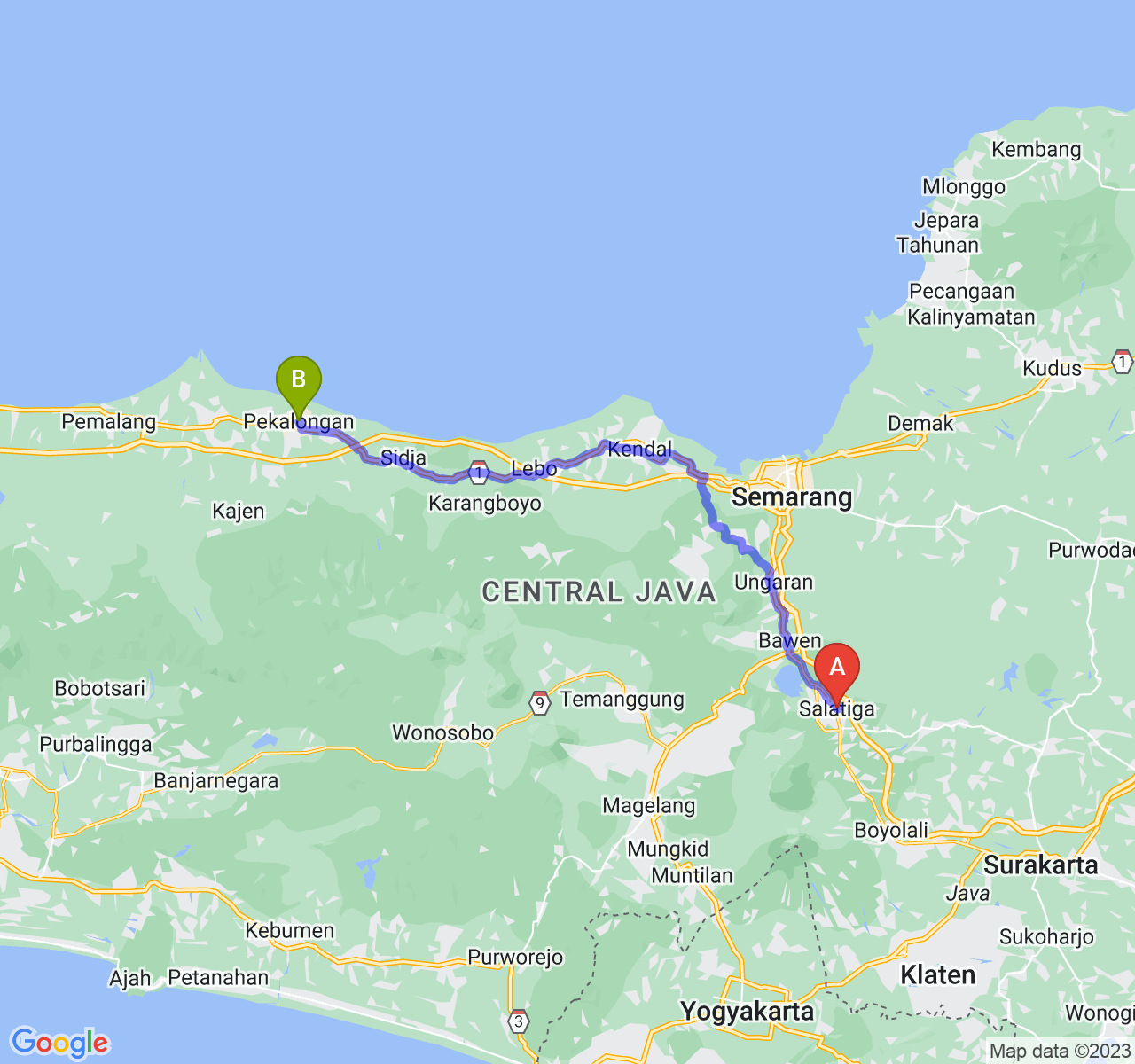 perjalanan dengan rute Kota Salatiga-Kota Pekalongan