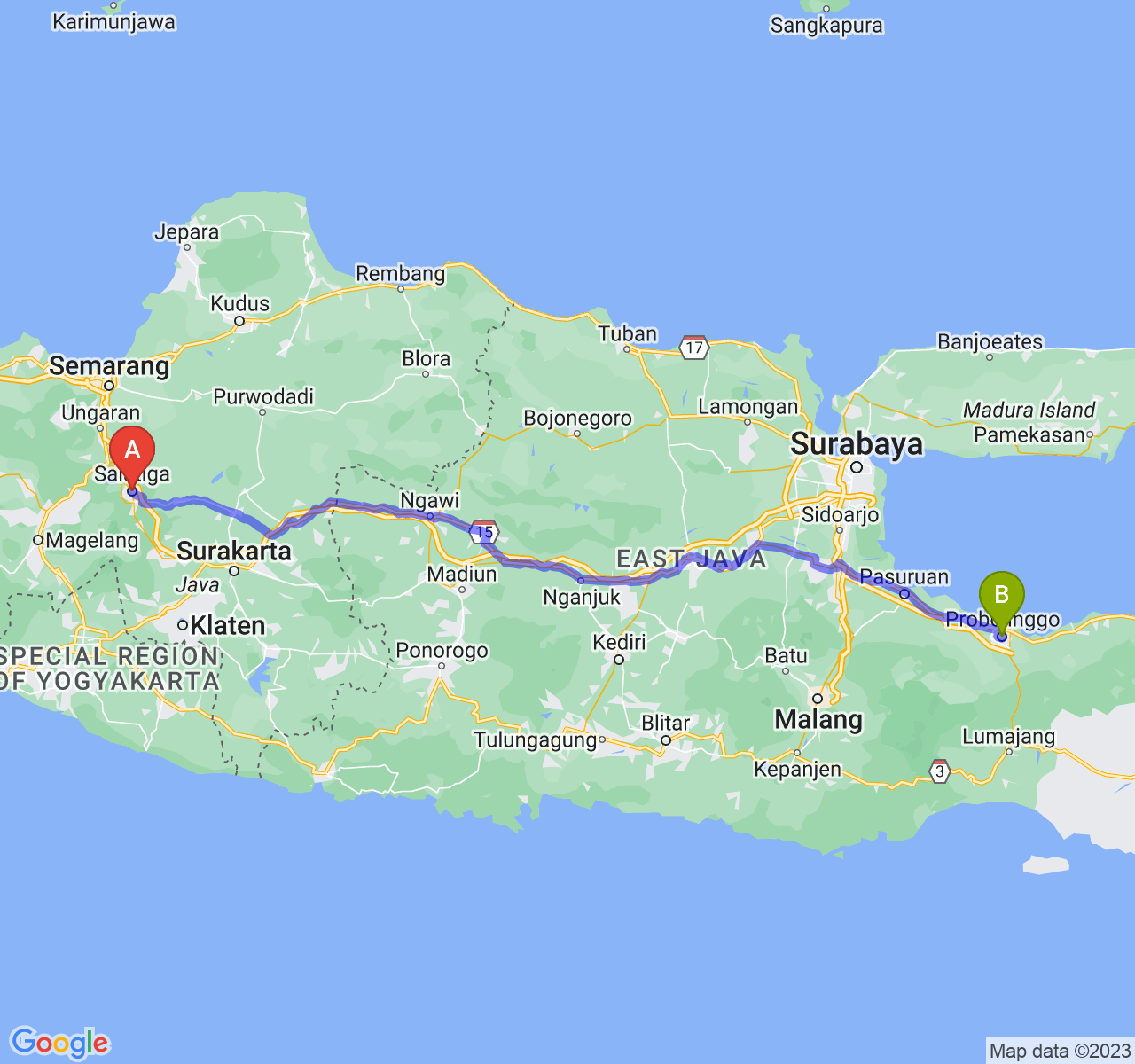 perjalanan dengan rute Kota Salatiga-Kota Probolinggo