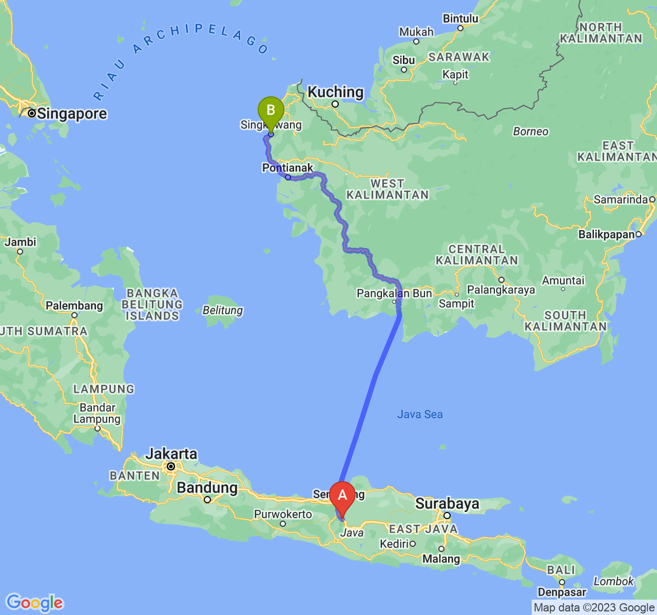 perjalanan dengan rute Kota Salatiga-Kota Singkawang