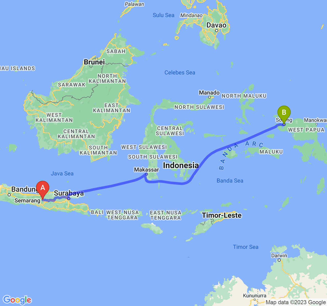 perjalanan dengan rute Kota Salatiga-Kota Sorong