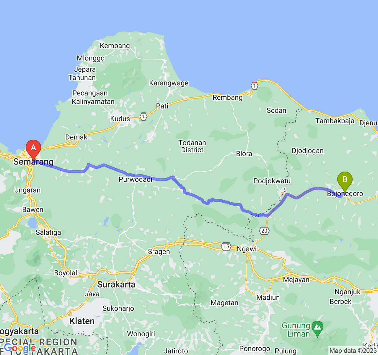 perjalanan dengan rute Kota Semarang-Kab. Bojonegoro