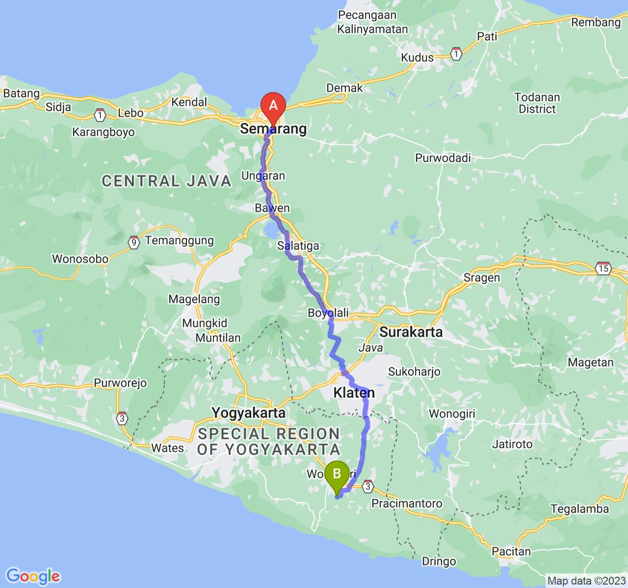 perjalanan dengan rute Kota Semarang-Kab. Gunung Kidul