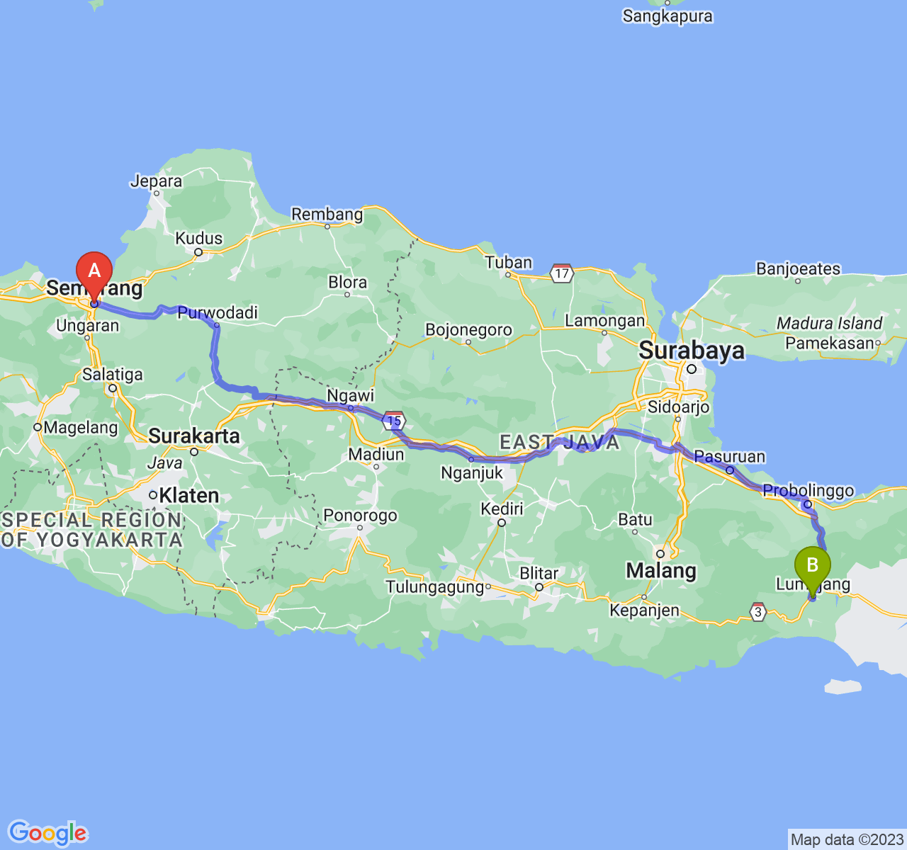 perjalanan dengan rute Kota Semarang-Kab. Lumajang