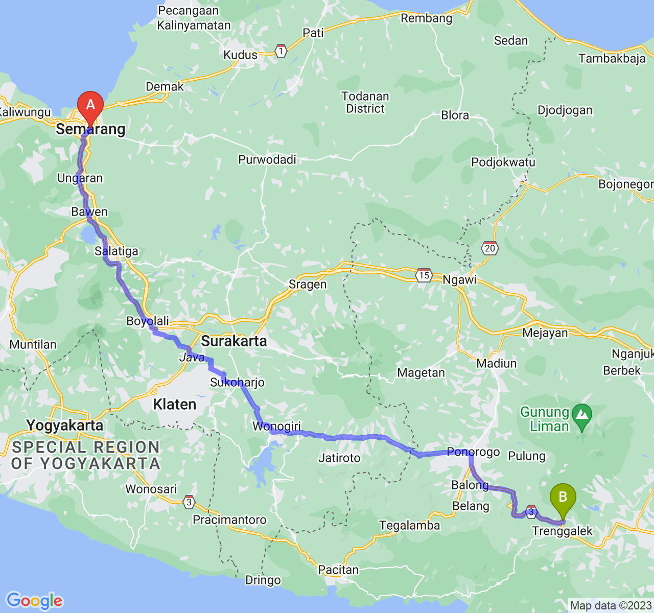 perjalanan dengan rute Kota Semarang-Kab. Trenggalek