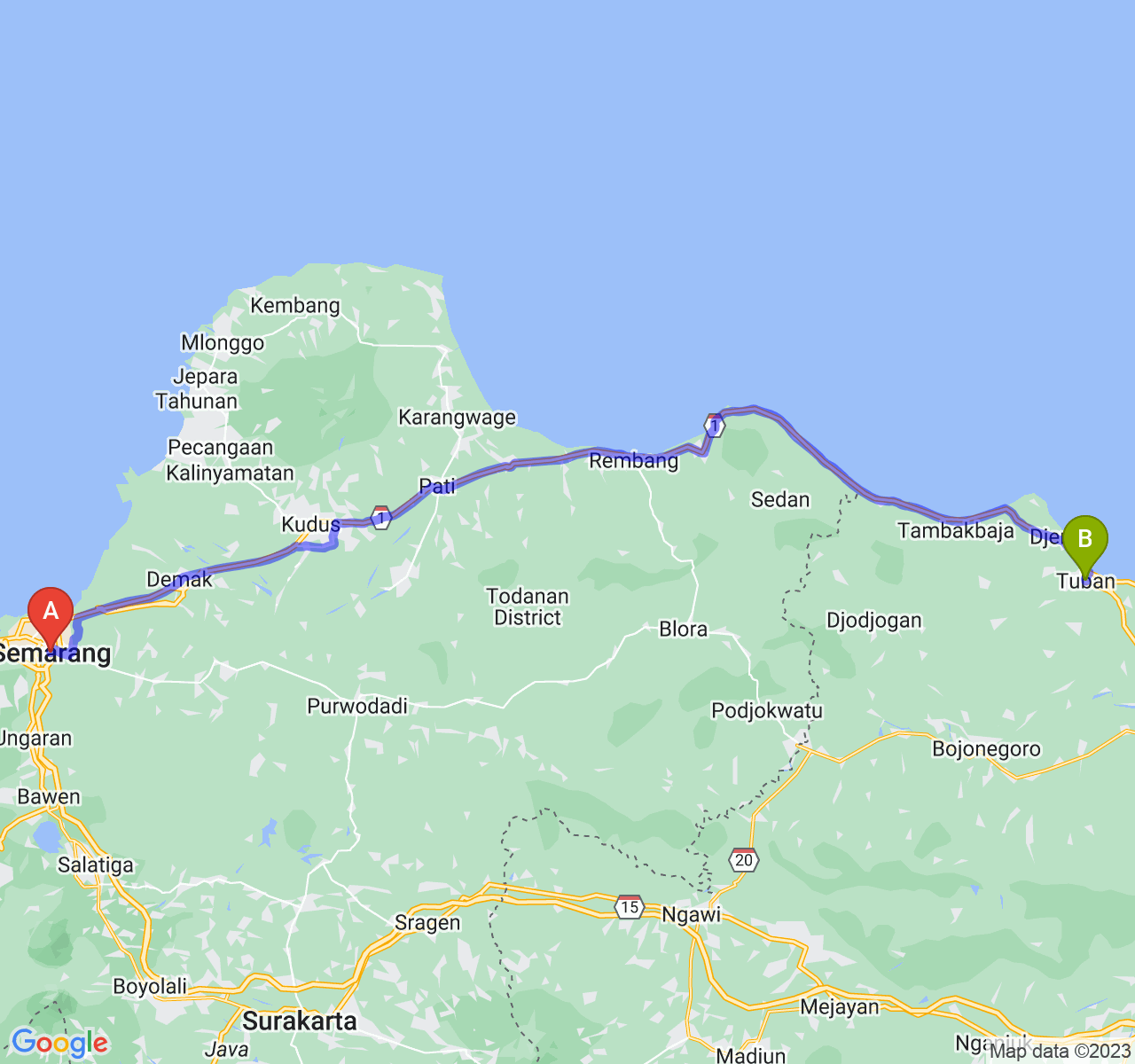 perjalanan dengan rute Kota Semarang-Kab. Tuban