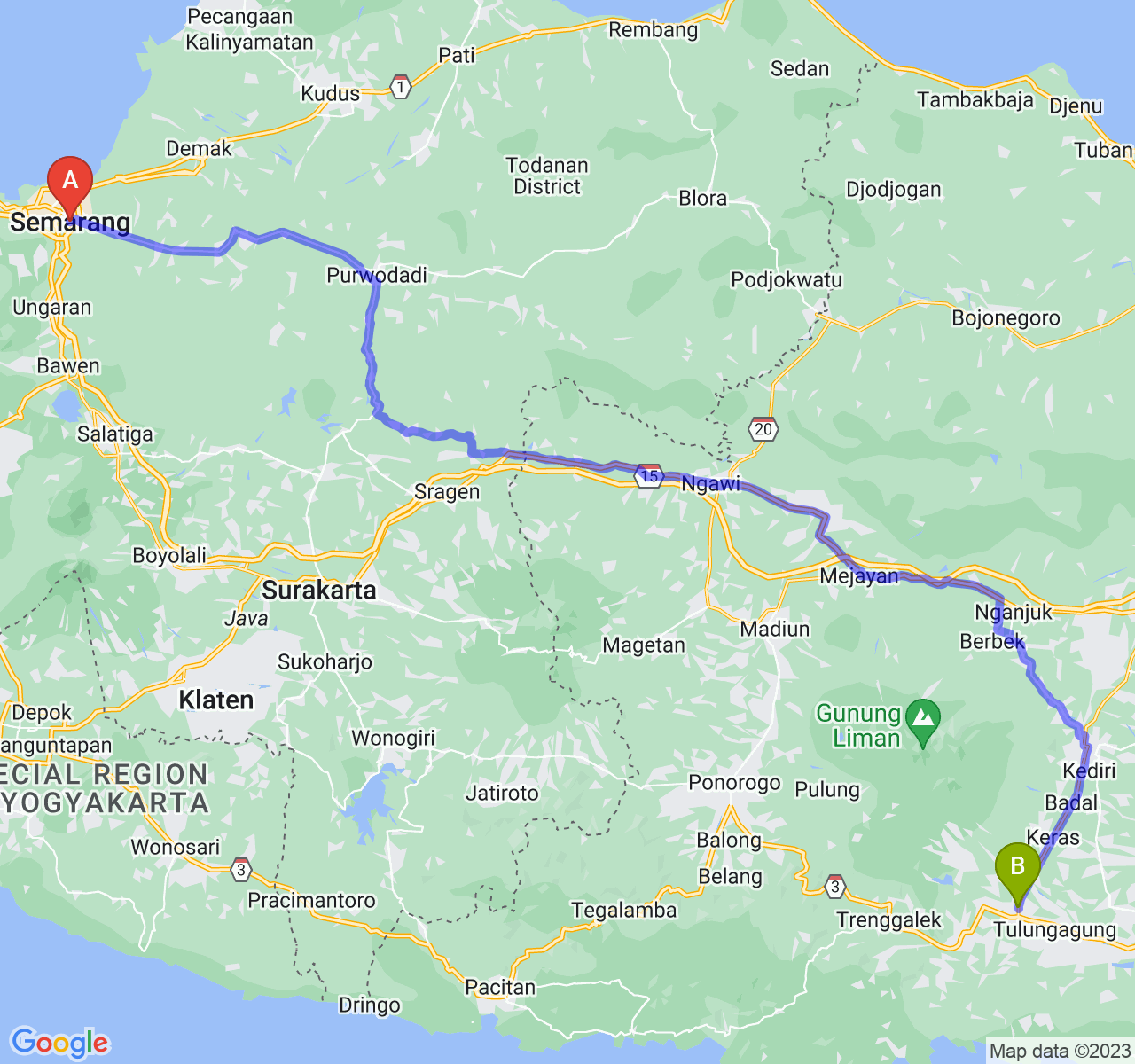 perjalanan dengan rute Kota Semarang-Kab. Tulungagung