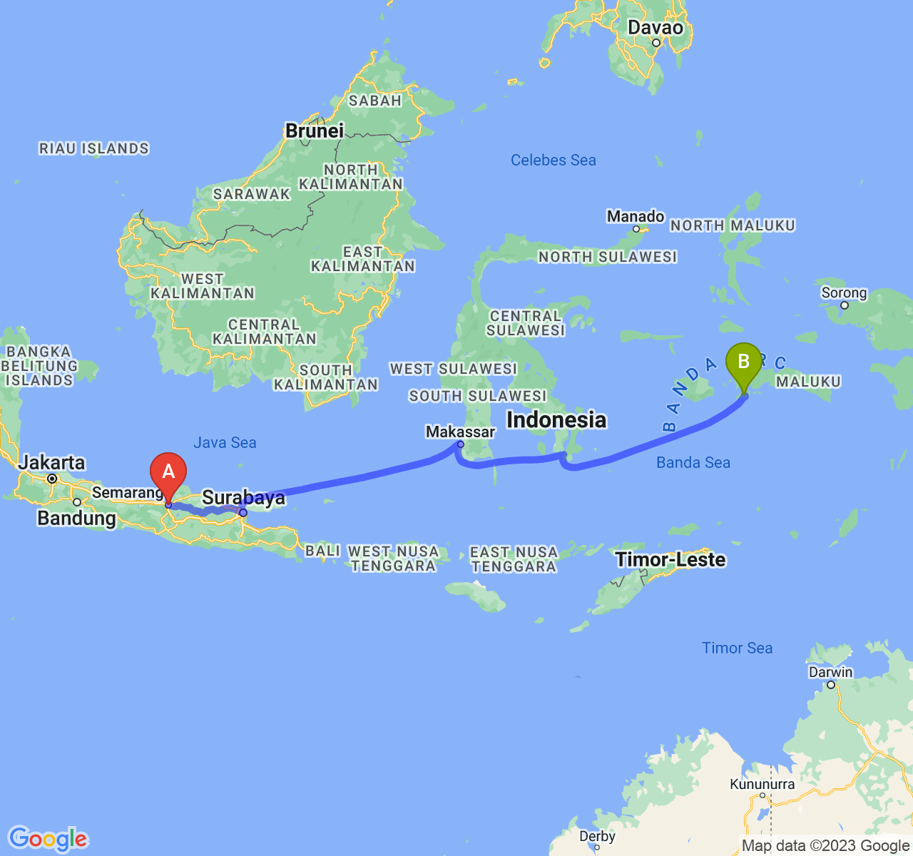 perjalanan dengan rute Kota Semarang-Kota Ambon