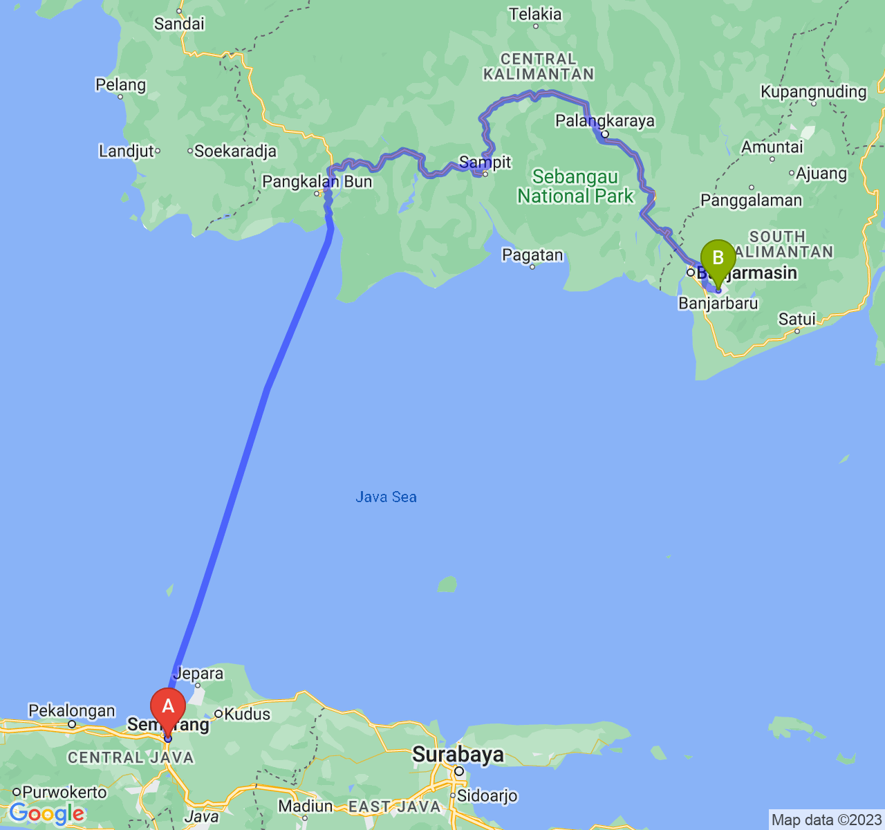 perjalanan dengan rute Kota Semarang-Kota Banjarbaru