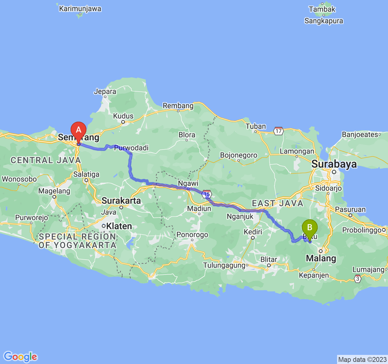 perjalanan dengan rute Kota Semarang-Kota Batu