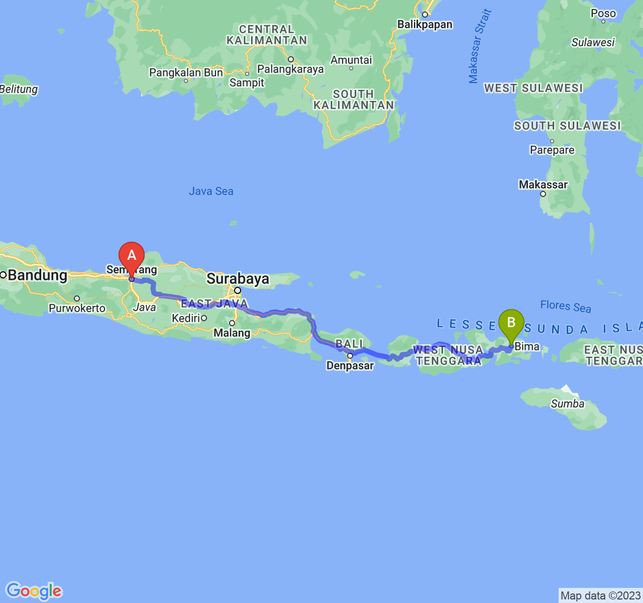 perjalanan dengan rute Kota Semarang-Kota Bima