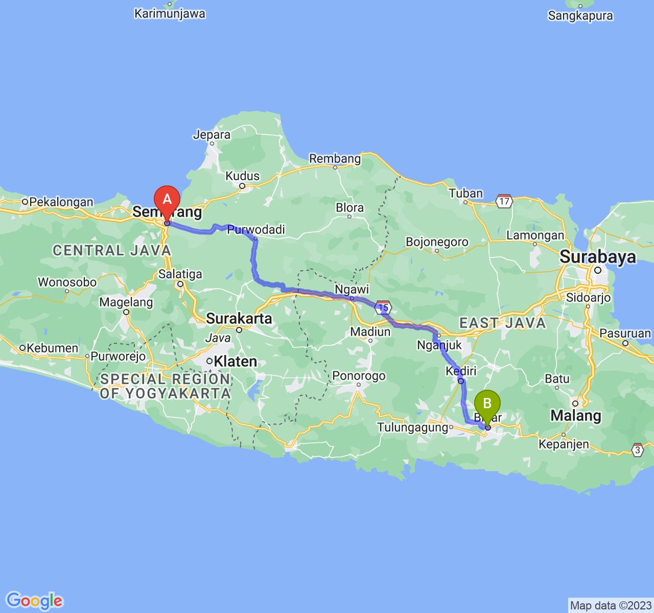 perjalanan dengan rute Kota Semarang-Kota Blitar