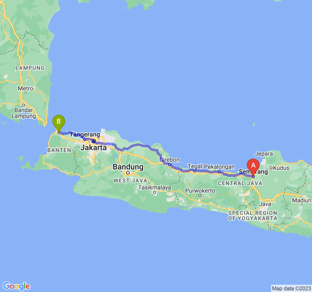 perjalanan dengan rute Kota Semarang-Kota Cilegon