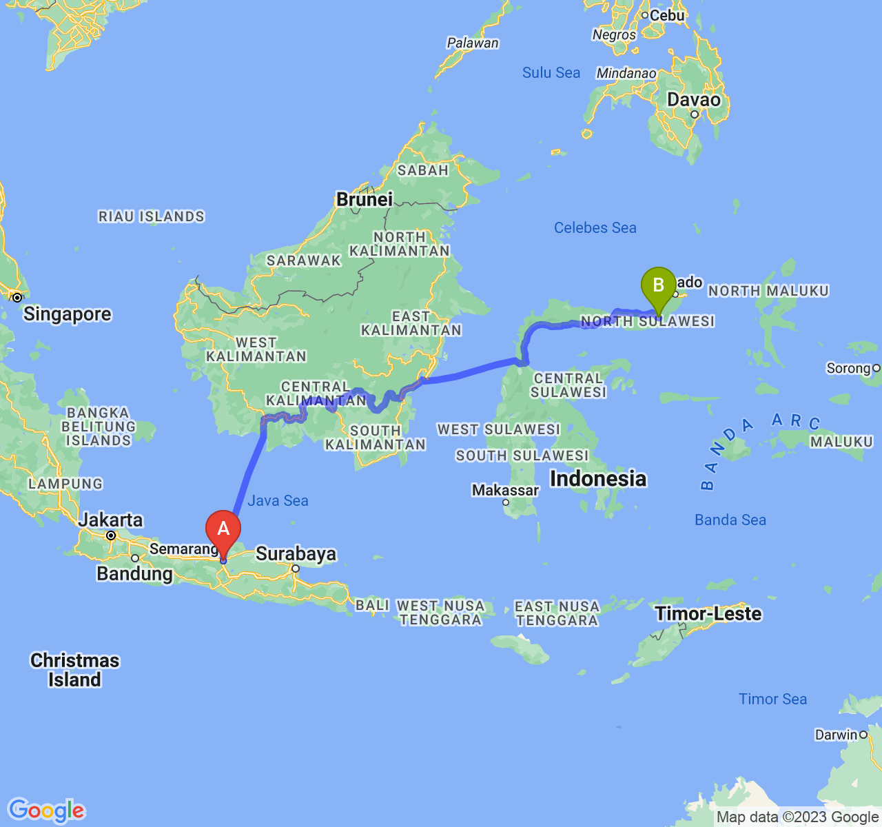 perjalanan dengan rute Kota Semarang-Kota Kotamobagu