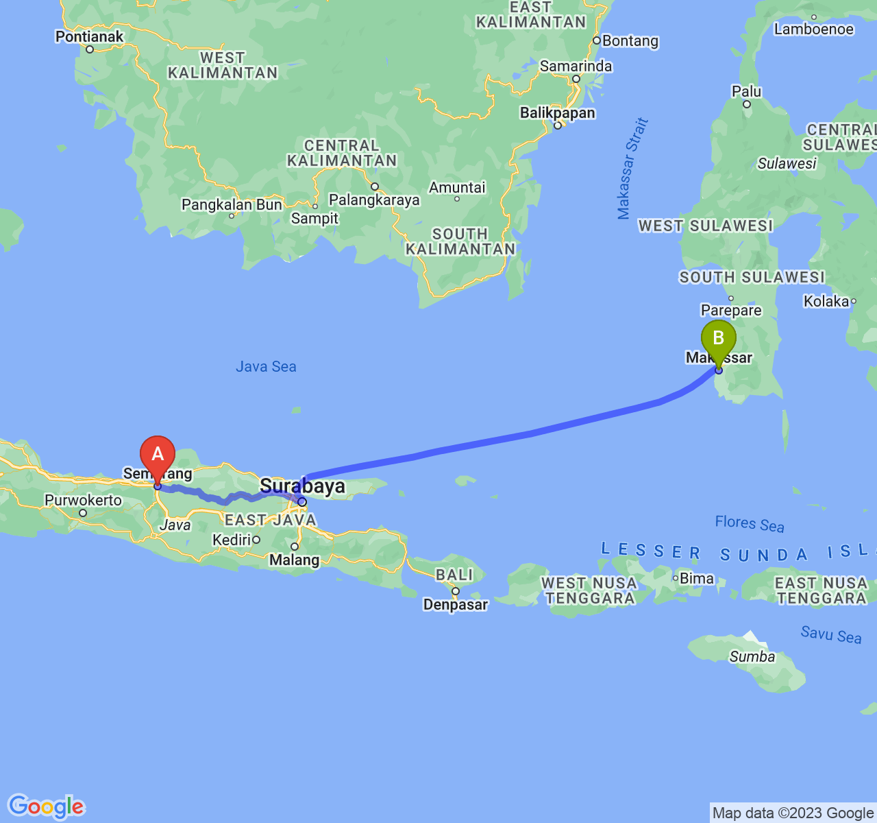 perjalanan dengan rute Kota Semarang-Kota Makassar