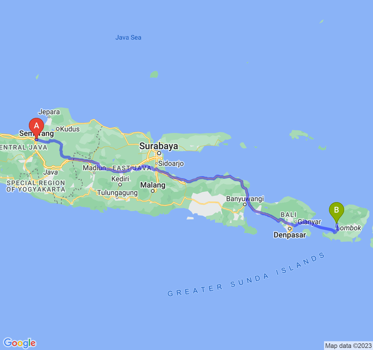 perjalanan dengan rute Kota Semarang-Kota Mataram