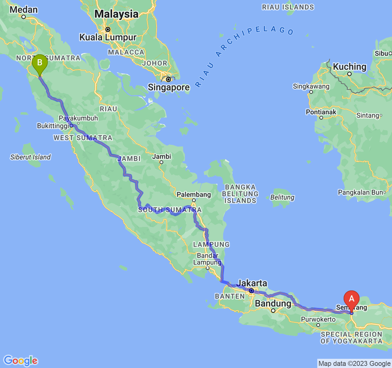 perjalanan dengan rute Kota Semarang-Kota Padang Sidimpuan