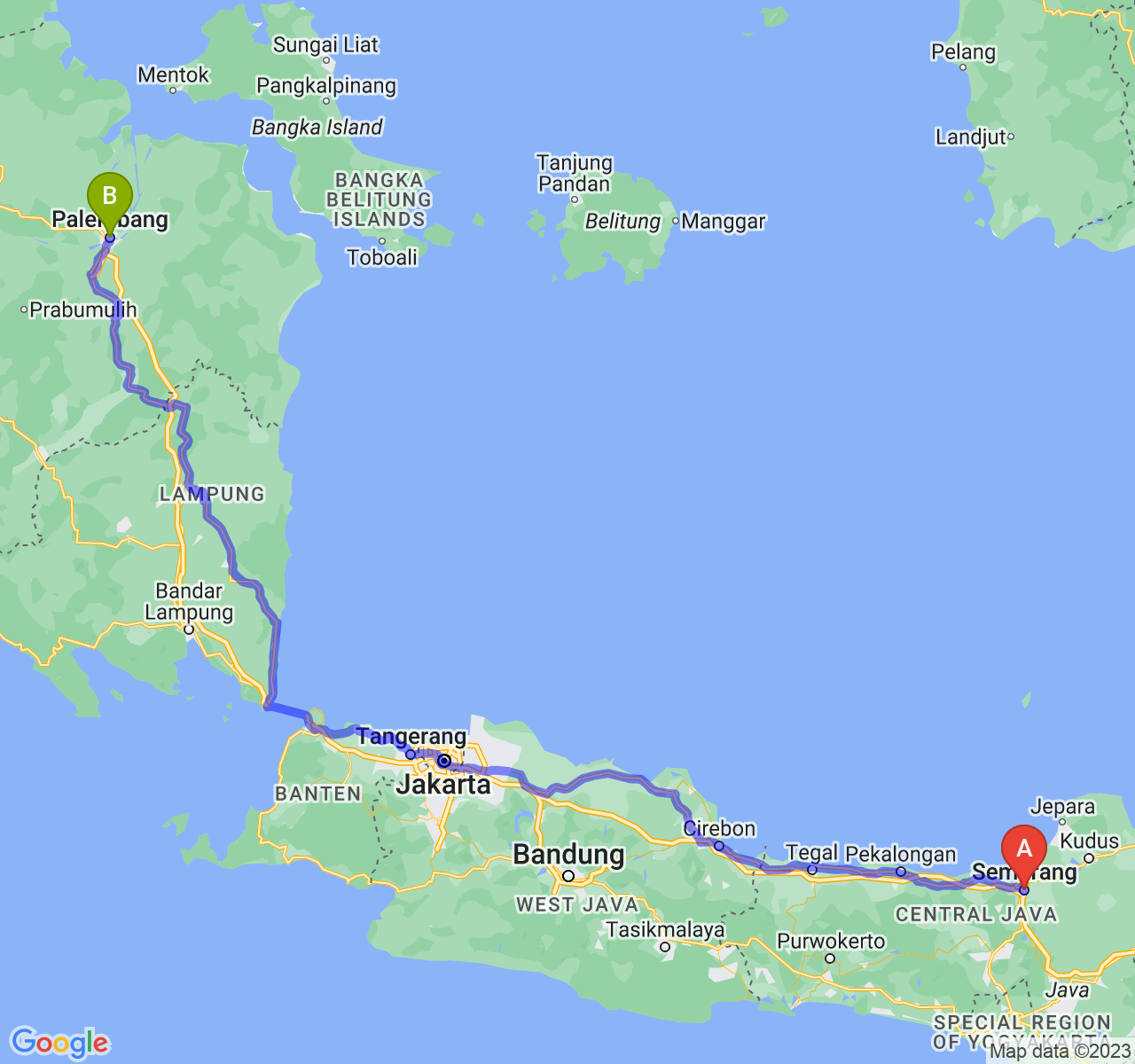 perjalanan dengan rute Kota Semarang-Kota Palembang