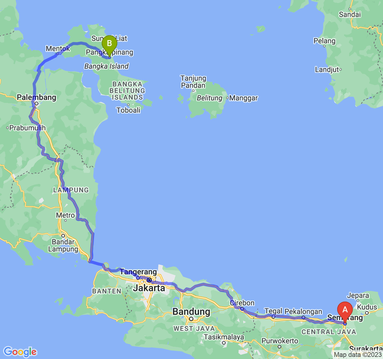 perjalanan dengan rute Kota Semarang-Kota Pangkalpinang