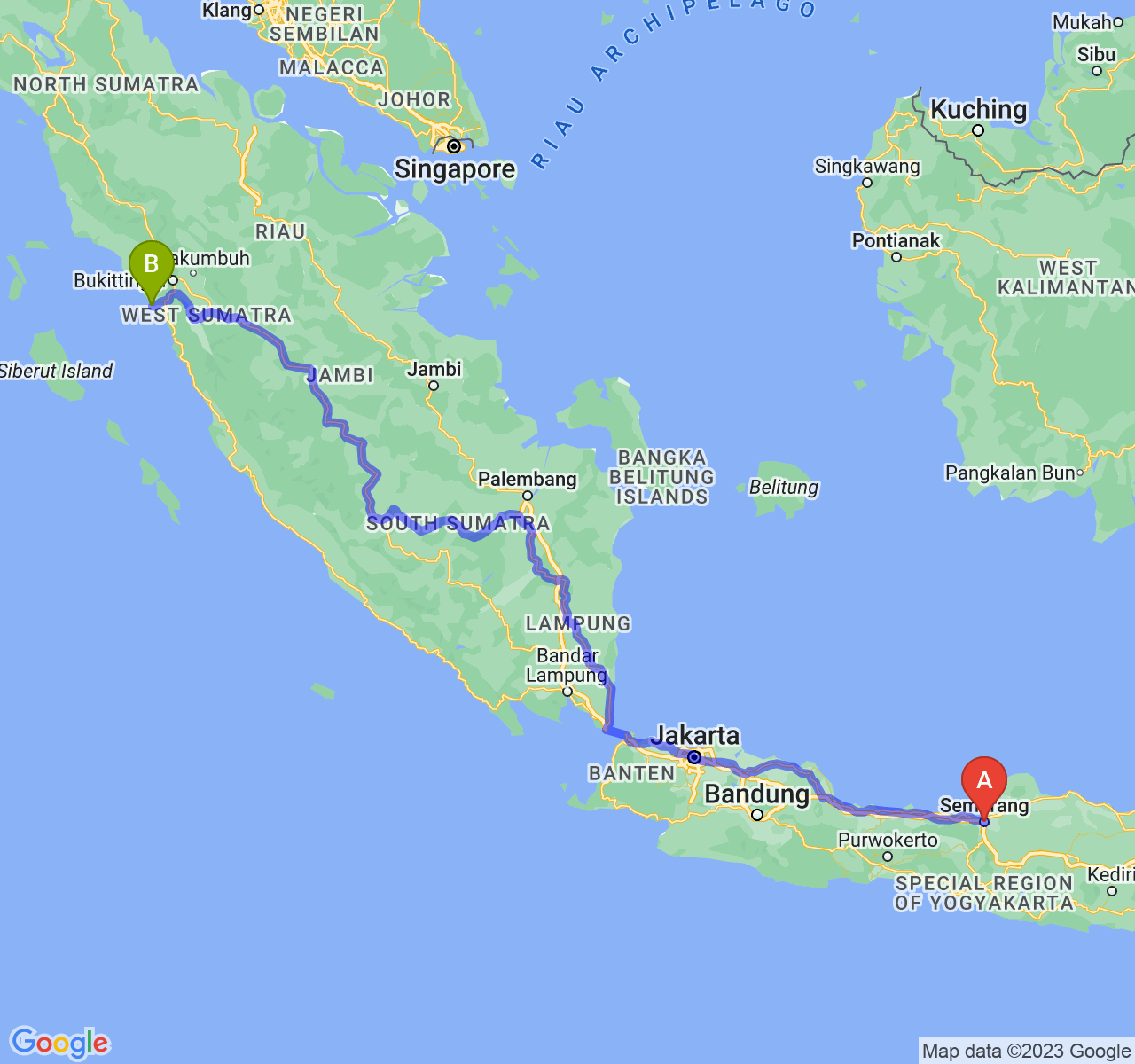 perjalanan dengan rute Kota Semarang-Kota Pariaman