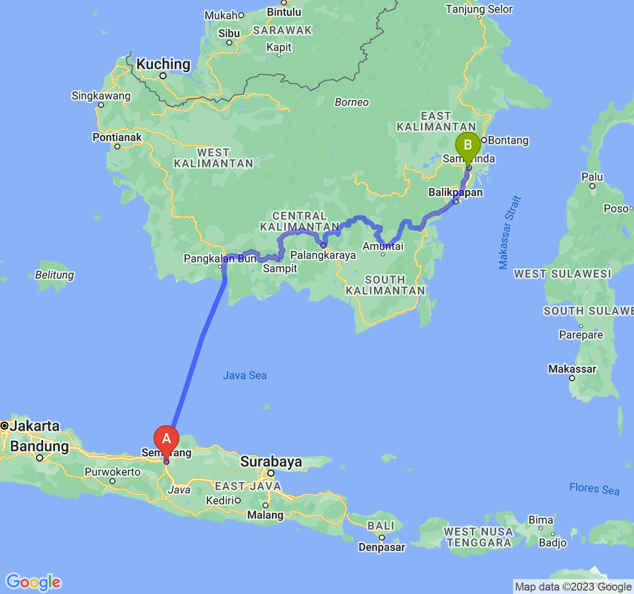 perjalanan dengan rute Kota Semarang-Kota Samarinda