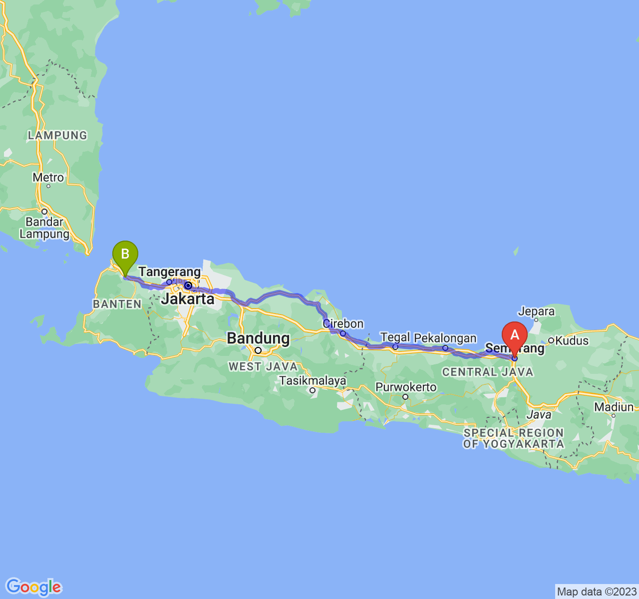 perjalanan dengan rute Kota Semarang-Kota Serang