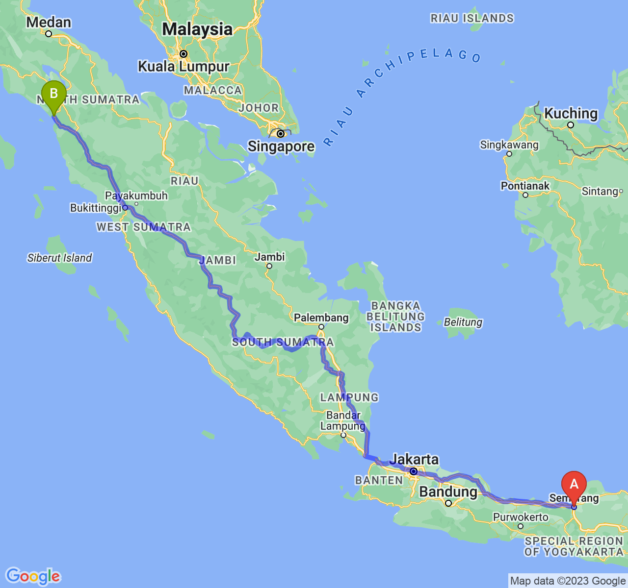 perjalanan dengan rute Kota Semarang-Kota Sibolga