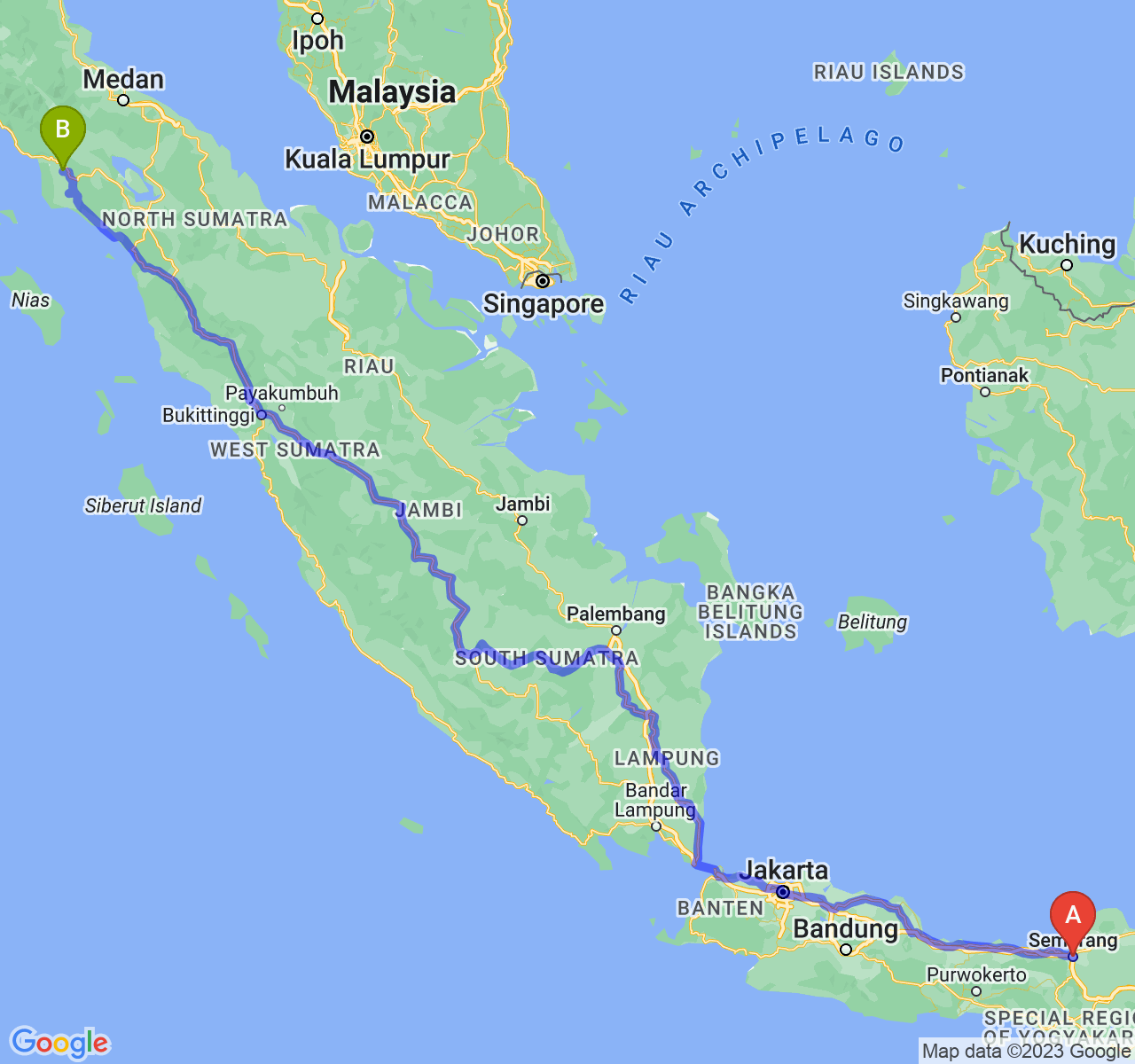 perjalanan dengan rute Kota Semarang-Kota Subulussalam