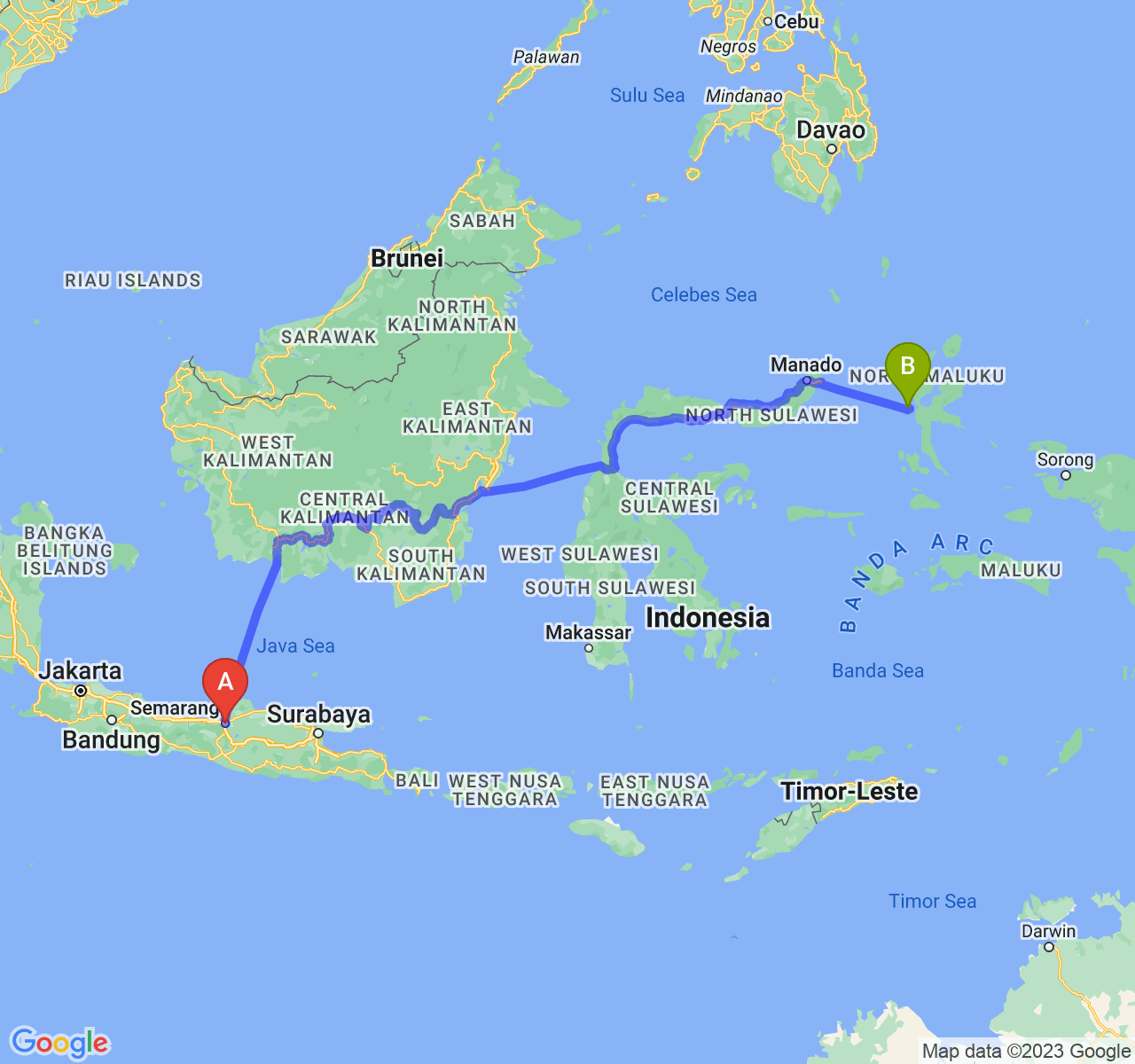 perjalanan dengan rute Kota Semarang-Kota Ternate