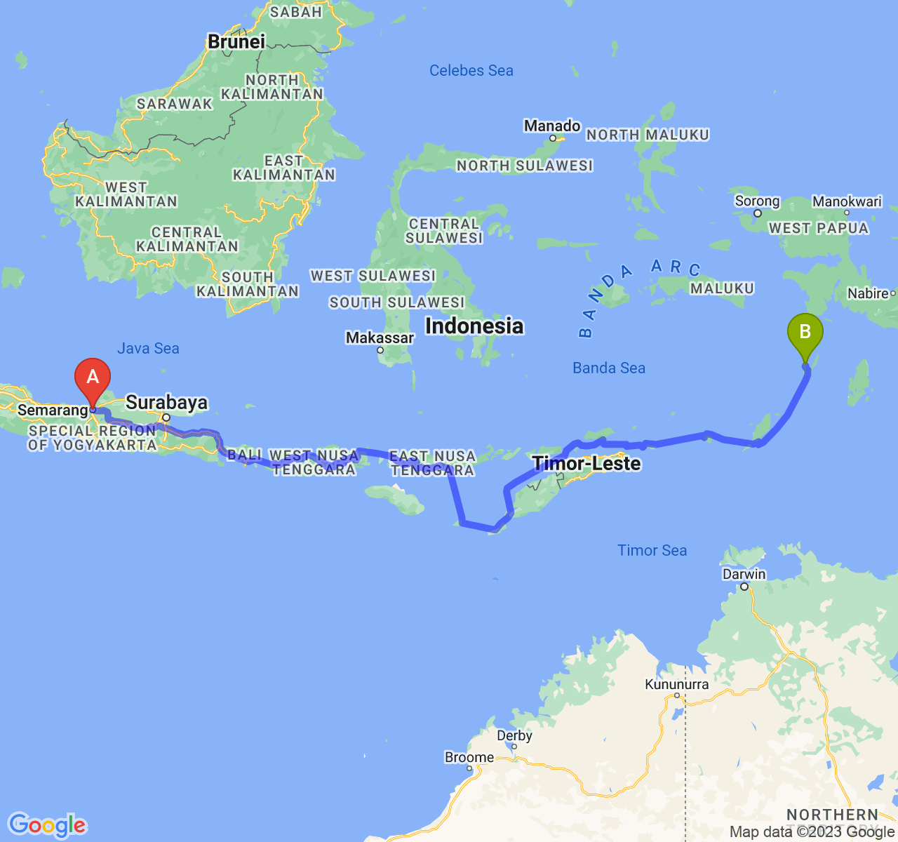 perjalanan dengan rute Kota Semarang-Kota Tual