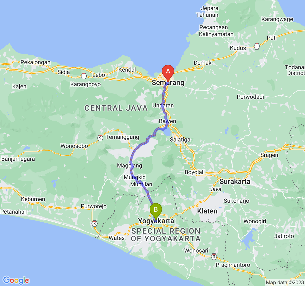 perjalanan dengan rute Kota Semarang-Kota Yogyakarta