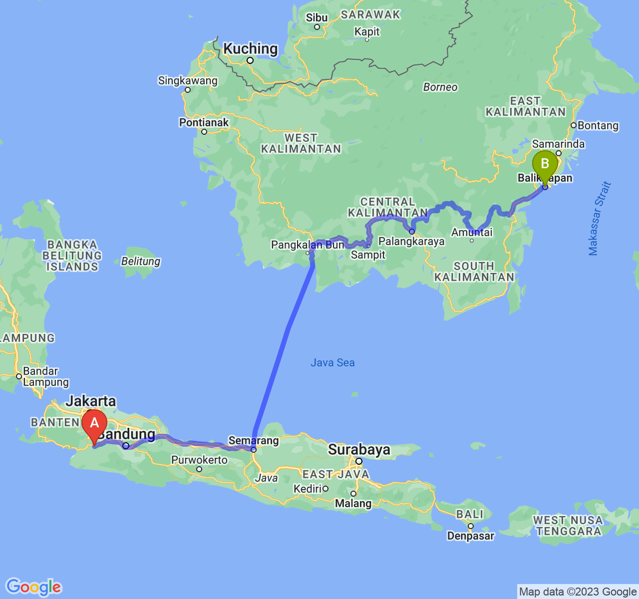 perjalanan dengan rute Kota Sukabumi-Kota Balikpapan