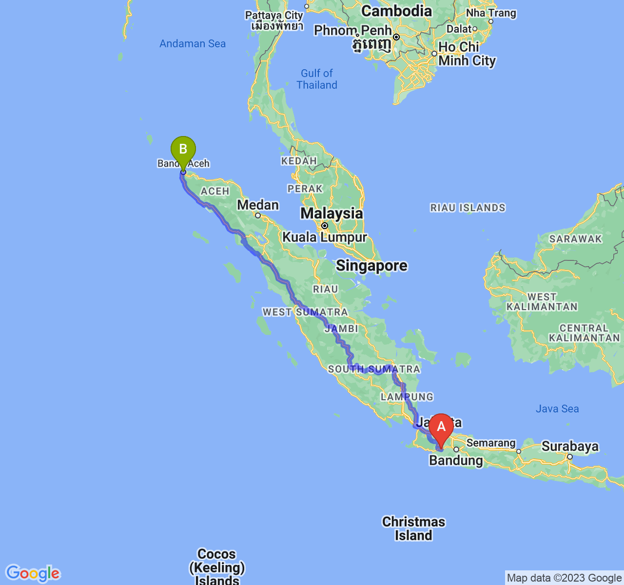 perjalanan dengan rute Kota Sukabumi-Kota Banda Aceh