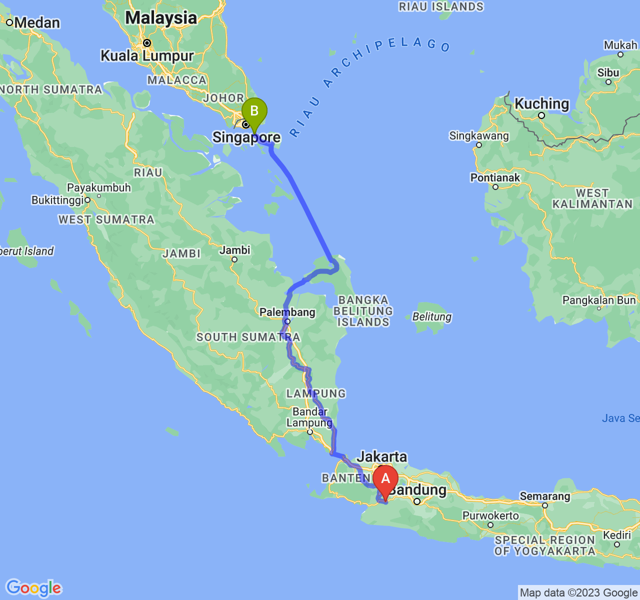 perjalanan dengan rute Kota Sukabumi-Kota Batam