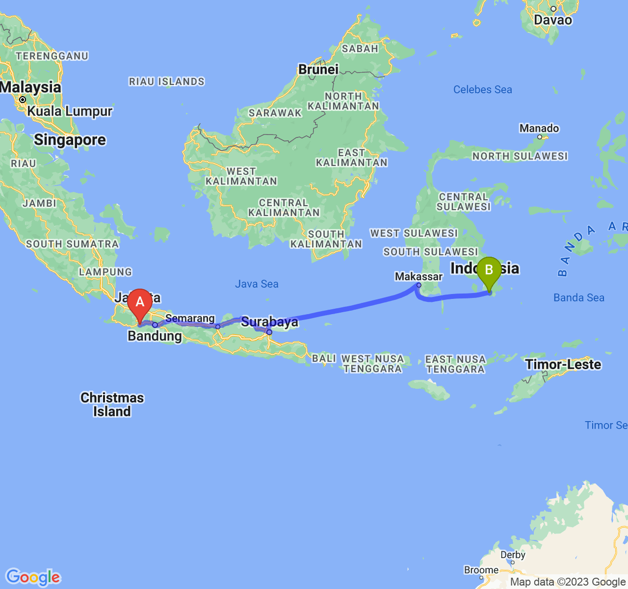 perjalanan dengan rute Kota Sukabumi-Kota Baubau