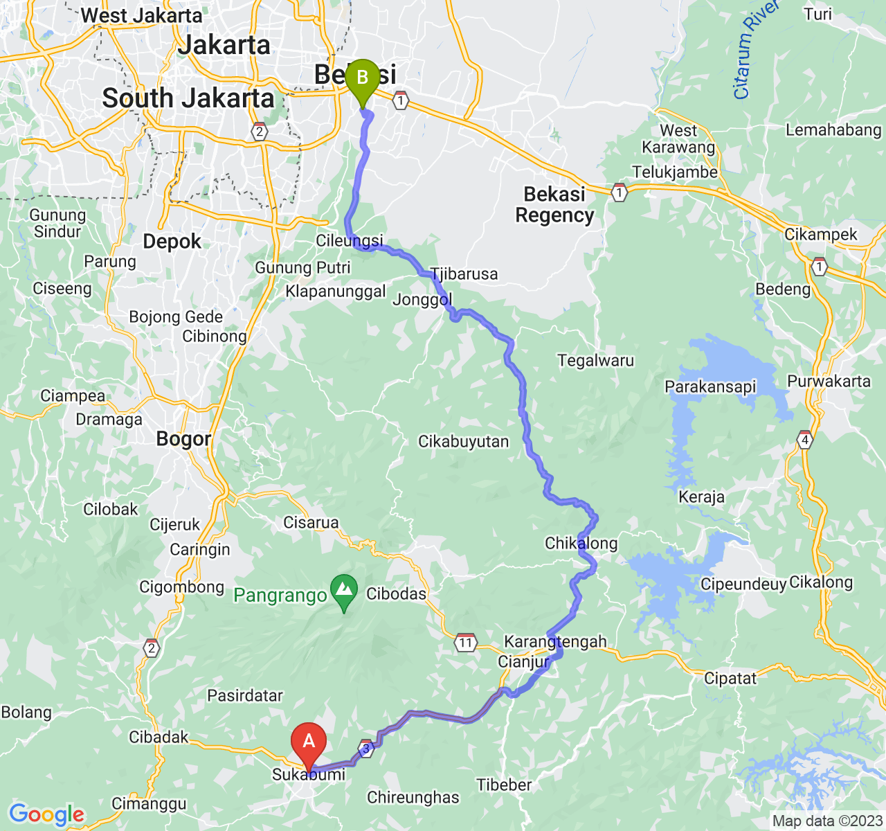 perjalanan dengan rute Kota Sukabumi-Kota Bekasi