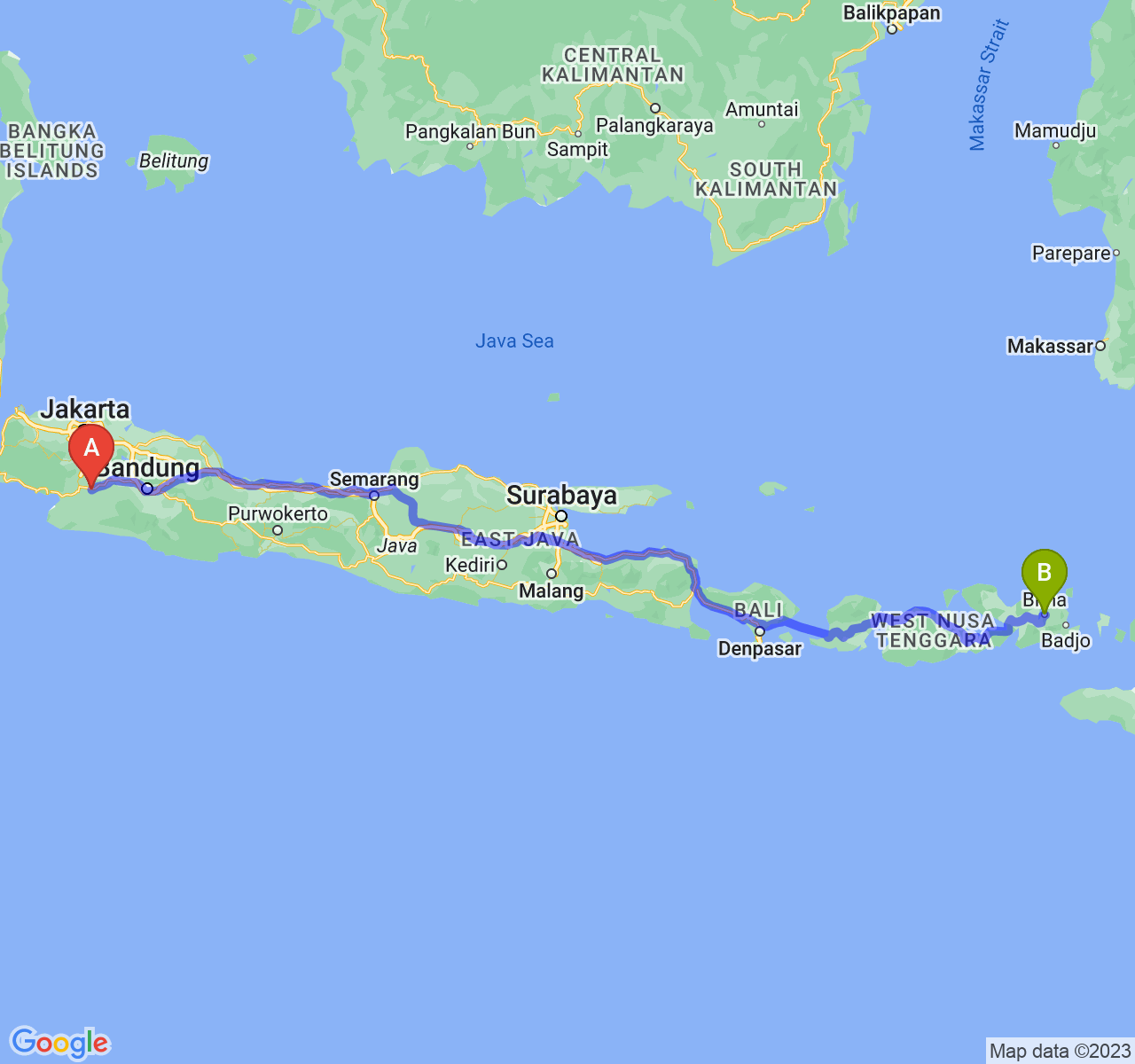 perjalanan dengan rute Kota Sukabumi-Kota Bima