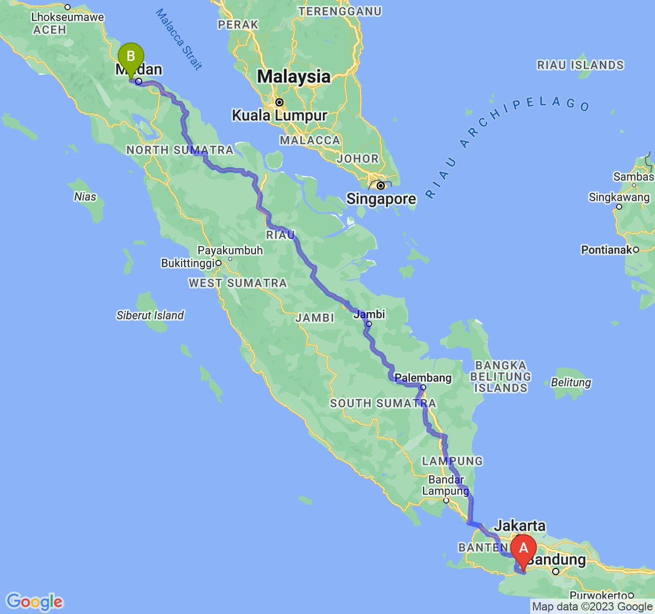 perjalanan dengan rute Kota Sukabumi-Kota Binjai