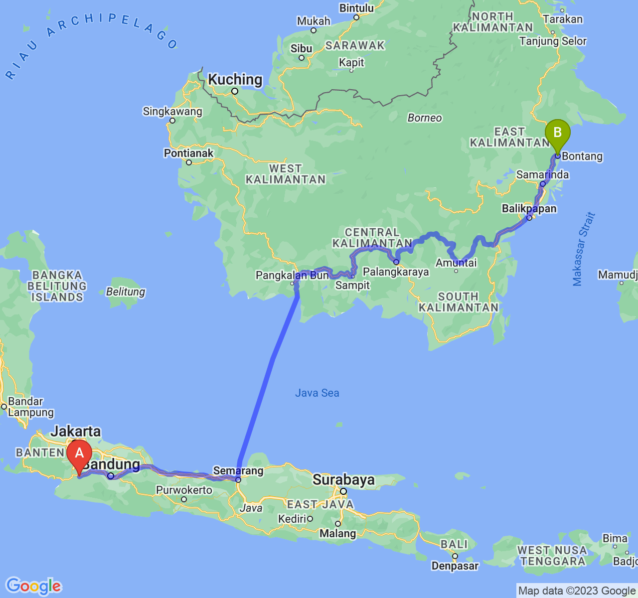 perjalanan dengan rute Kota Sukabumi-Kota Bontang