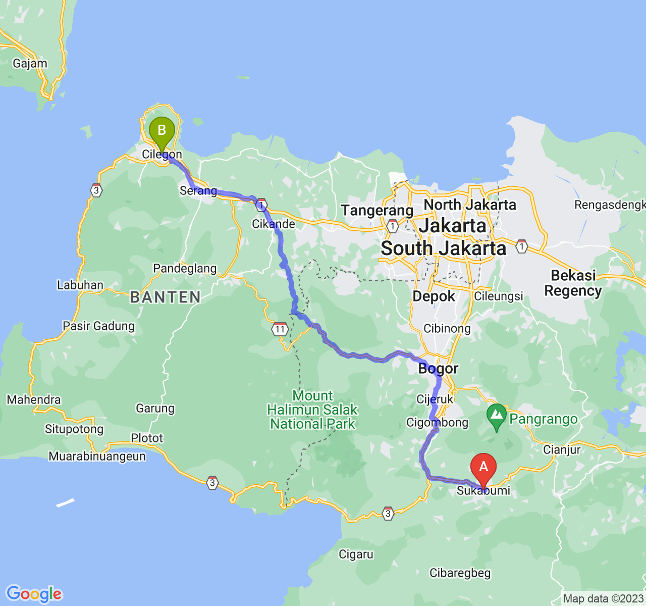 perjalanan dengan rute Kota Sukabumi-Kota Cilegon