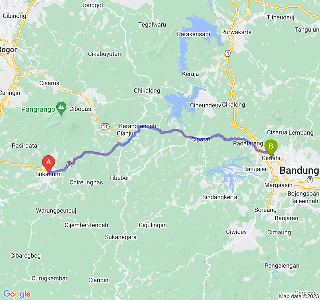 perjalanan dengan rute Kota Sukabumi-Kota Cimahi