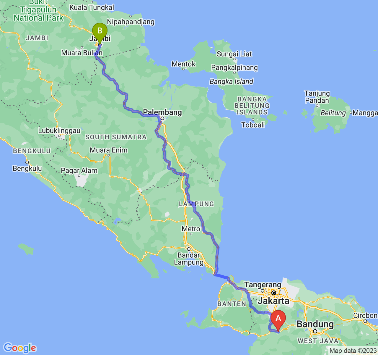 perjalanan dengan rute Kota Sukabumi-Kota Jambi