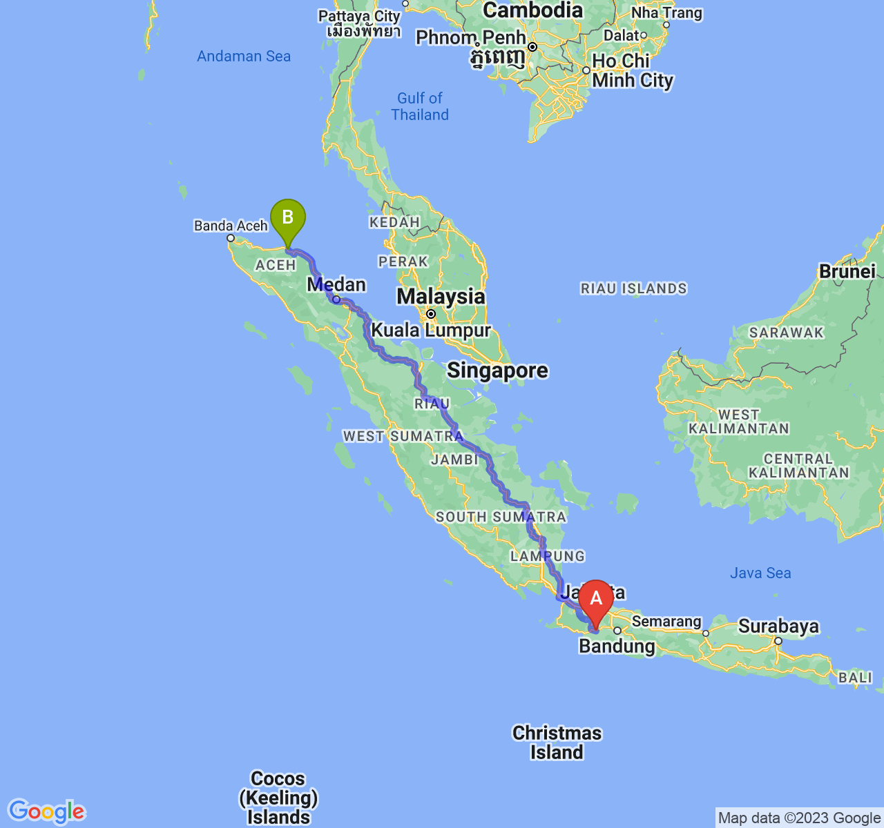 perjalanan dengan rute Kota Sukabumi-Kota Lhokseumawe