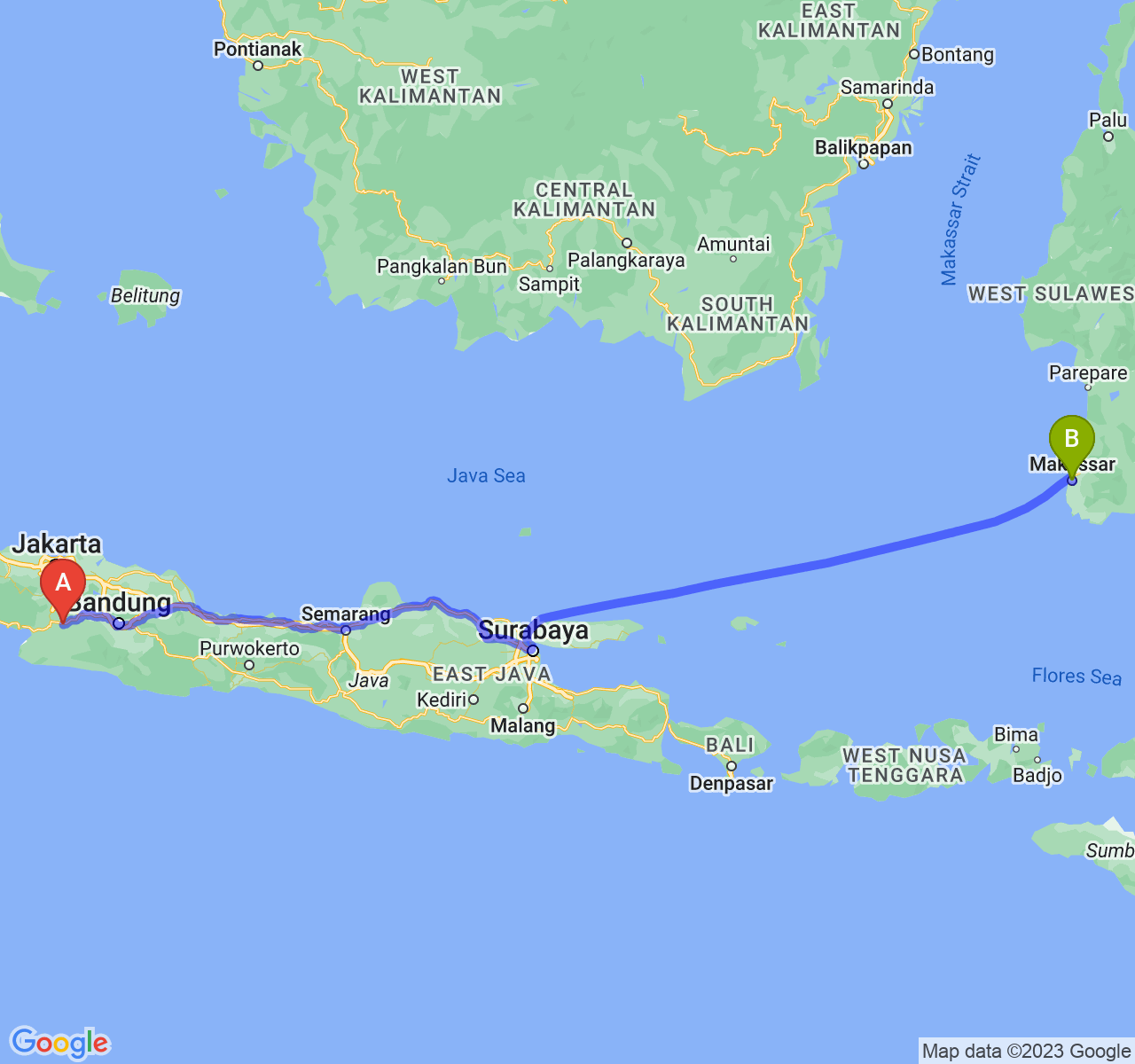 perjalanan dengan rute Kota Sukabumi-Kota Makassar