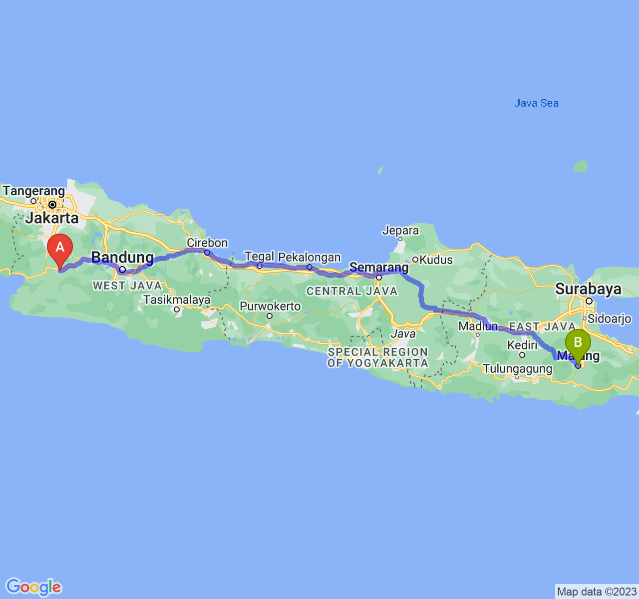 perjalanan dengan rute Kota Sukabumi-Kota Malang