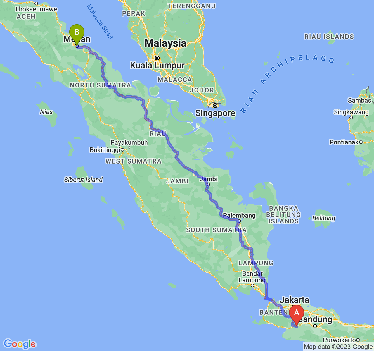 perjalanan dengan rute Kota Sukabumi-Kota Medan