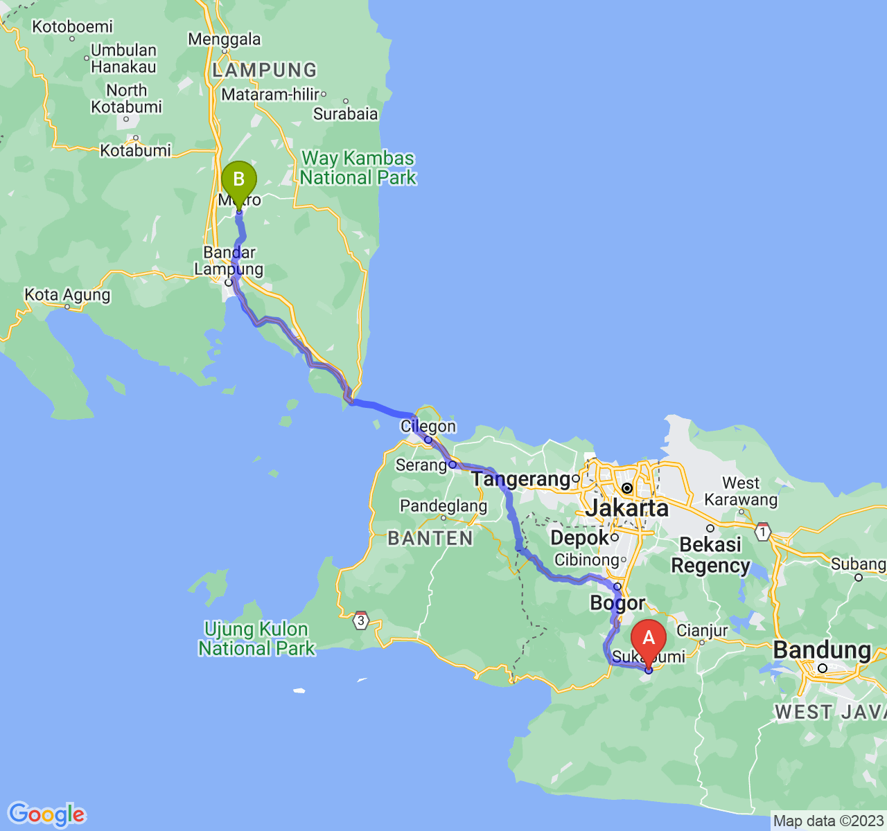 perjalanan dengan rute Kota Sukabumi-Kota Metro